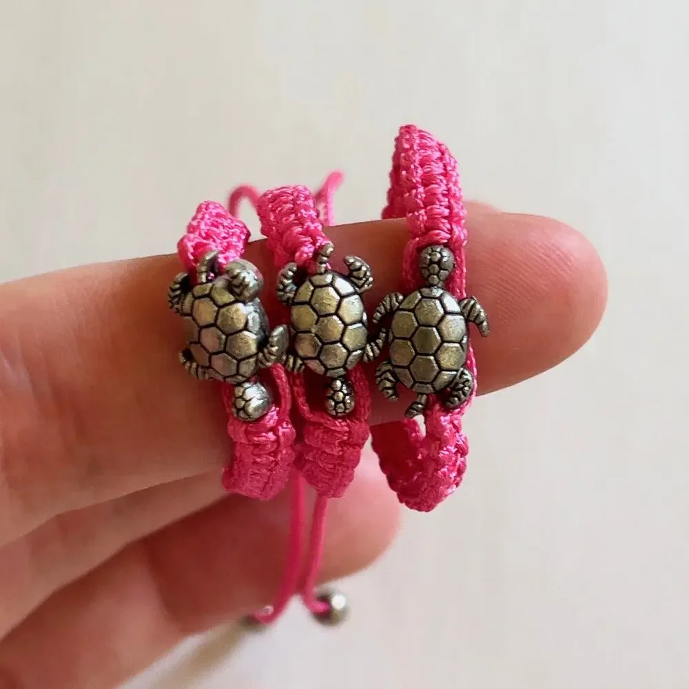 Turtle Pink Adjustable Bracelet Silver Tone Charm Children's Size Handmade